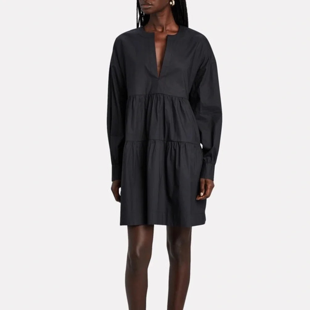 Anine Bing Addison Dress Black Long Sleeve V Neck Poplin Mini Swing